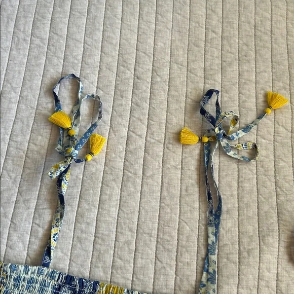 Natural life blue yellow boho floral patchwork smocked ruffle hem tops L XL - Picture 4 of 13